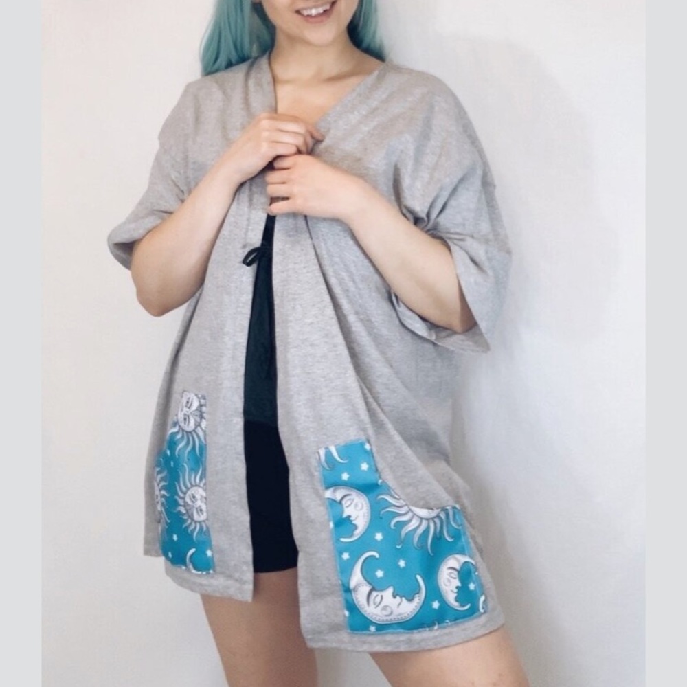 SOLD - Handmade oversized sun and moon cardigan, hand sewn, pockets, doubled li…